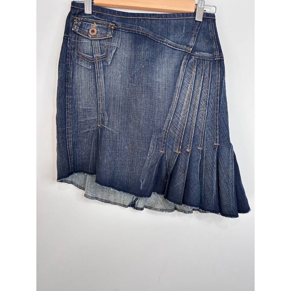 90s Dollhouse Denim Mini Skirt Sz 26 Waist Asymmetrical Pleated Raw Hem Dark 1/2